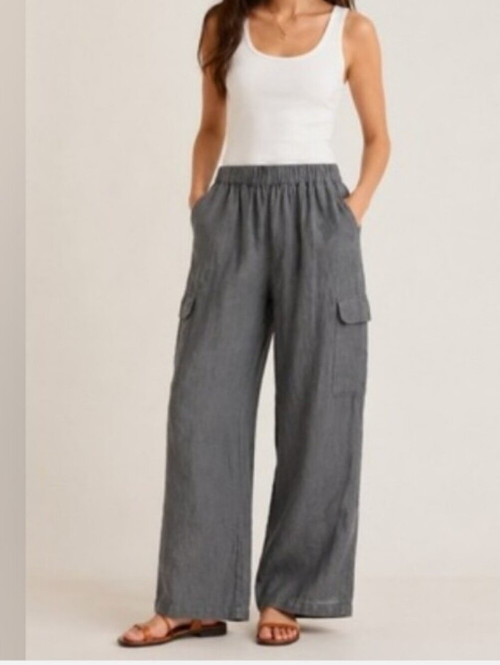 C&C California White Linen Baggy pull-on Wide Leg Cargo Pants 2 snap pockets - Picture 13 of 13